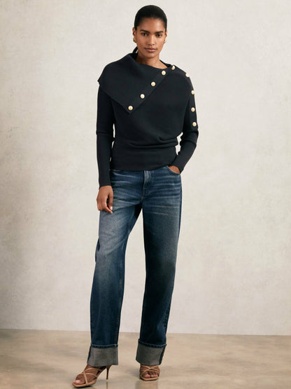 Rib-Knit Button Shawl Jumper in Navy Women | Reiss