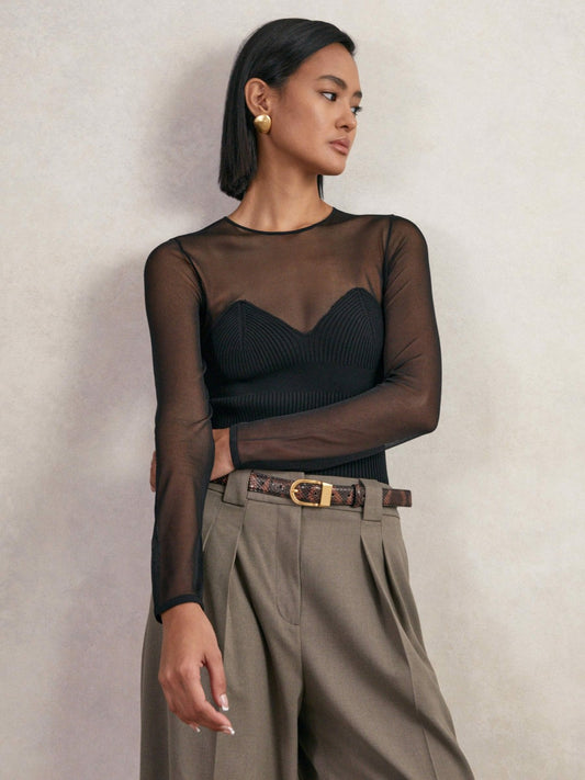 Mesh Knit Sweetheart Long-Sleeve Top in Black Women | Reiss