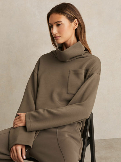 Interlock Jersey Funnel Neck Sweatshirt in Khaki Green Women | Reiss