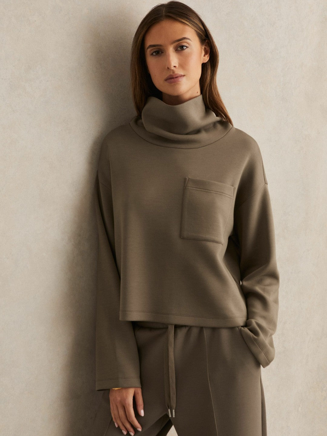 Interlock Jersey Funnel Neck Sweatshirt in Khaki Green Women | Reiss
