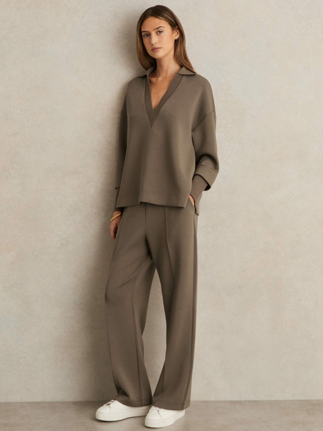 Interlock Open-Collar Sweatshirt in Khaki Green Women | Reiss