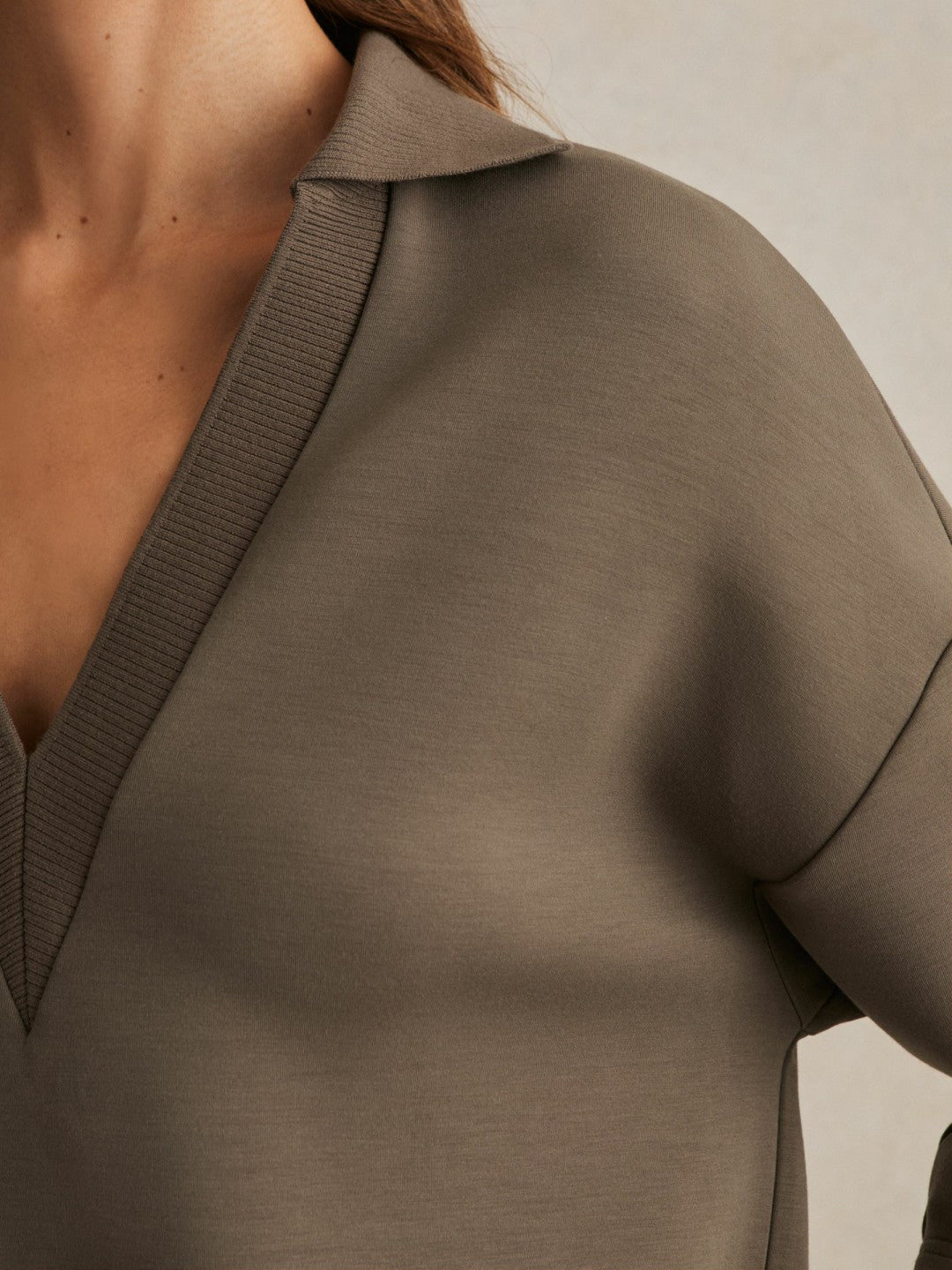 Interlock Open-Collar Sweatshirt in Khaki Green Women | Reiss