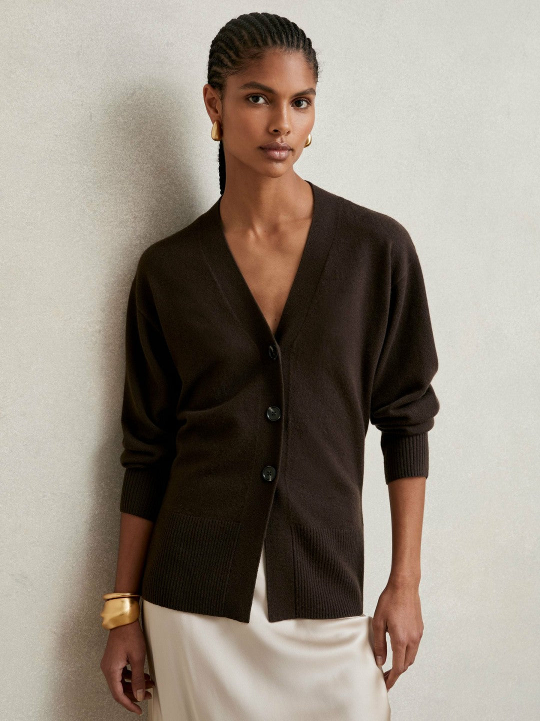 Wool-Blend Fitted Cardigan With Cashmere in Chocolate Women | Reiss
