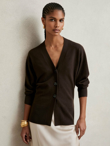 Wool-Blend Fitted Cardigan With Cashmere in Chocolate Women | Reiss