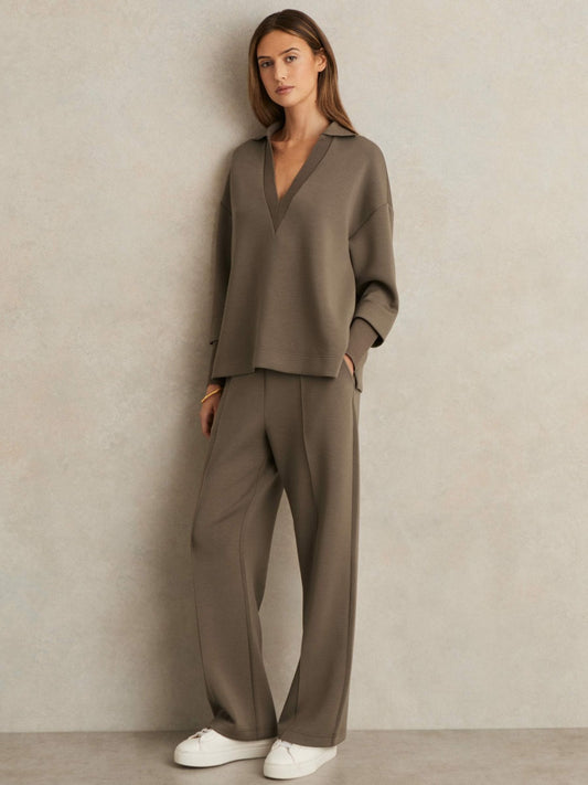 Modal-Blend Interlock Wide-Leg Joggers in Khaki Green Women | Reiss