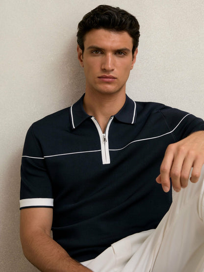 Half Zip Tipped Polo Shirt in Navy/White Men | Reiss