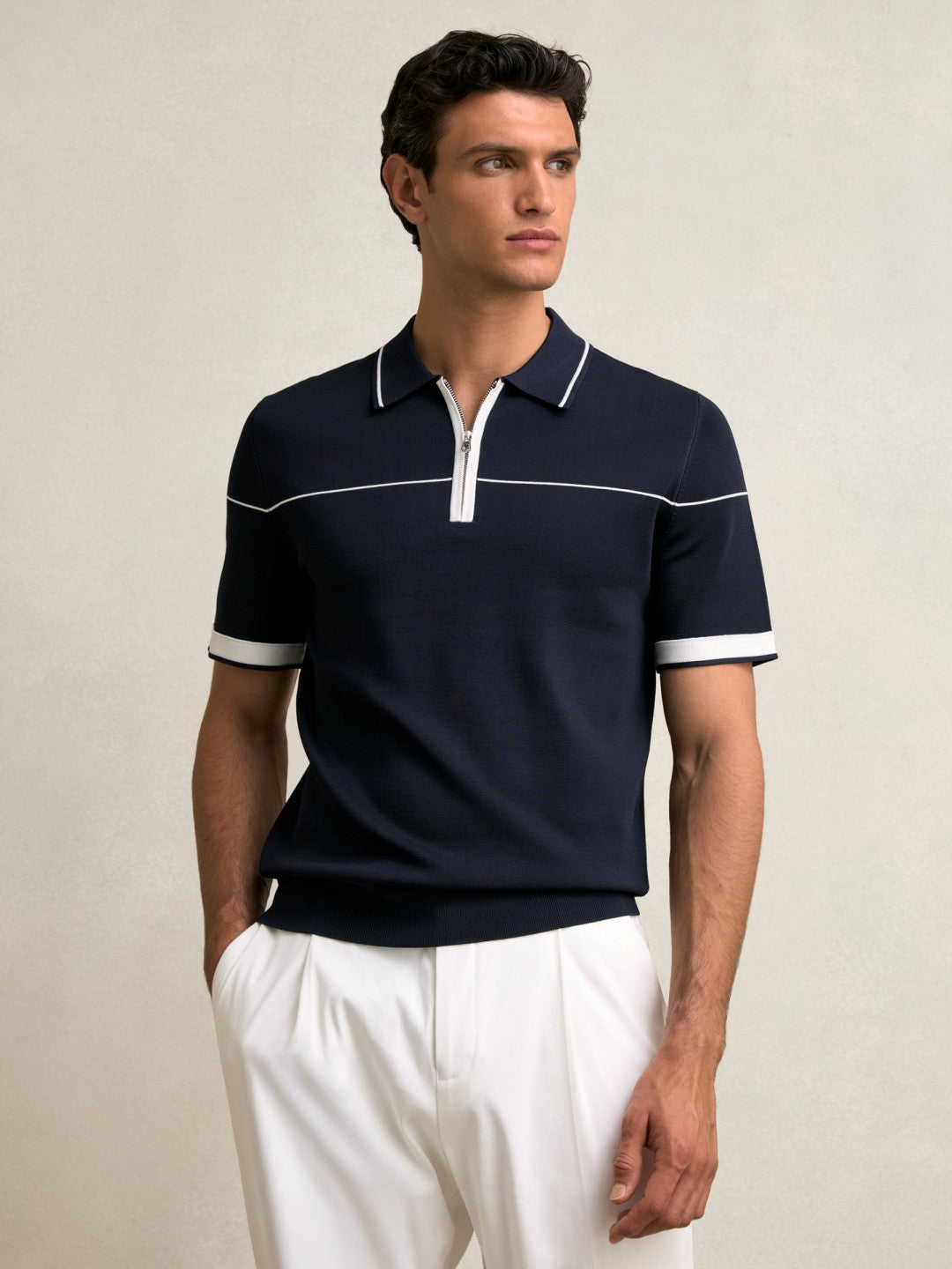 Half Zip Tipped Polo Shirt in Navy/White Men | Reiss