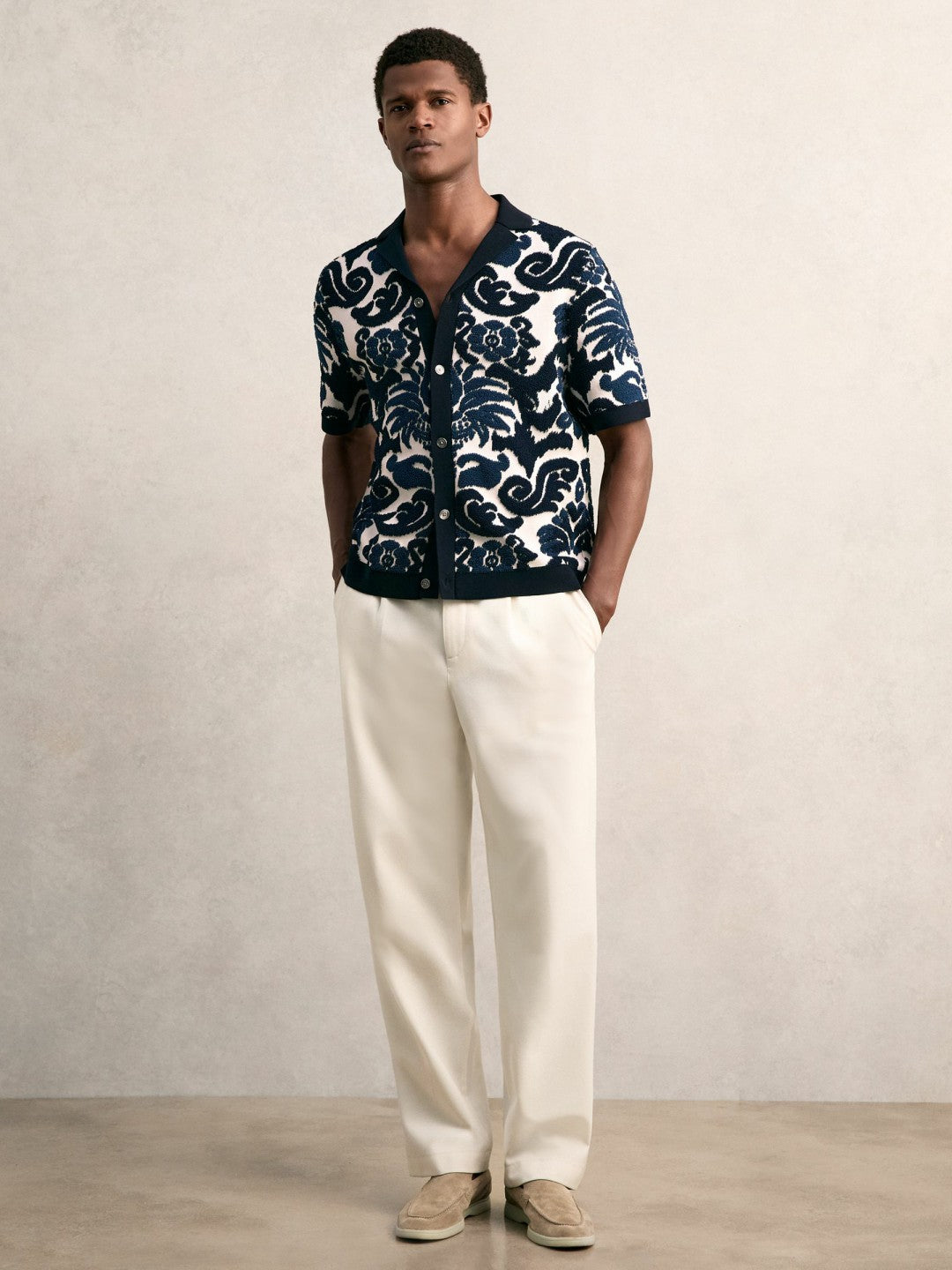 Paisley Jacquard Knit Shirt in Navy Blue/White Men | Reiss
