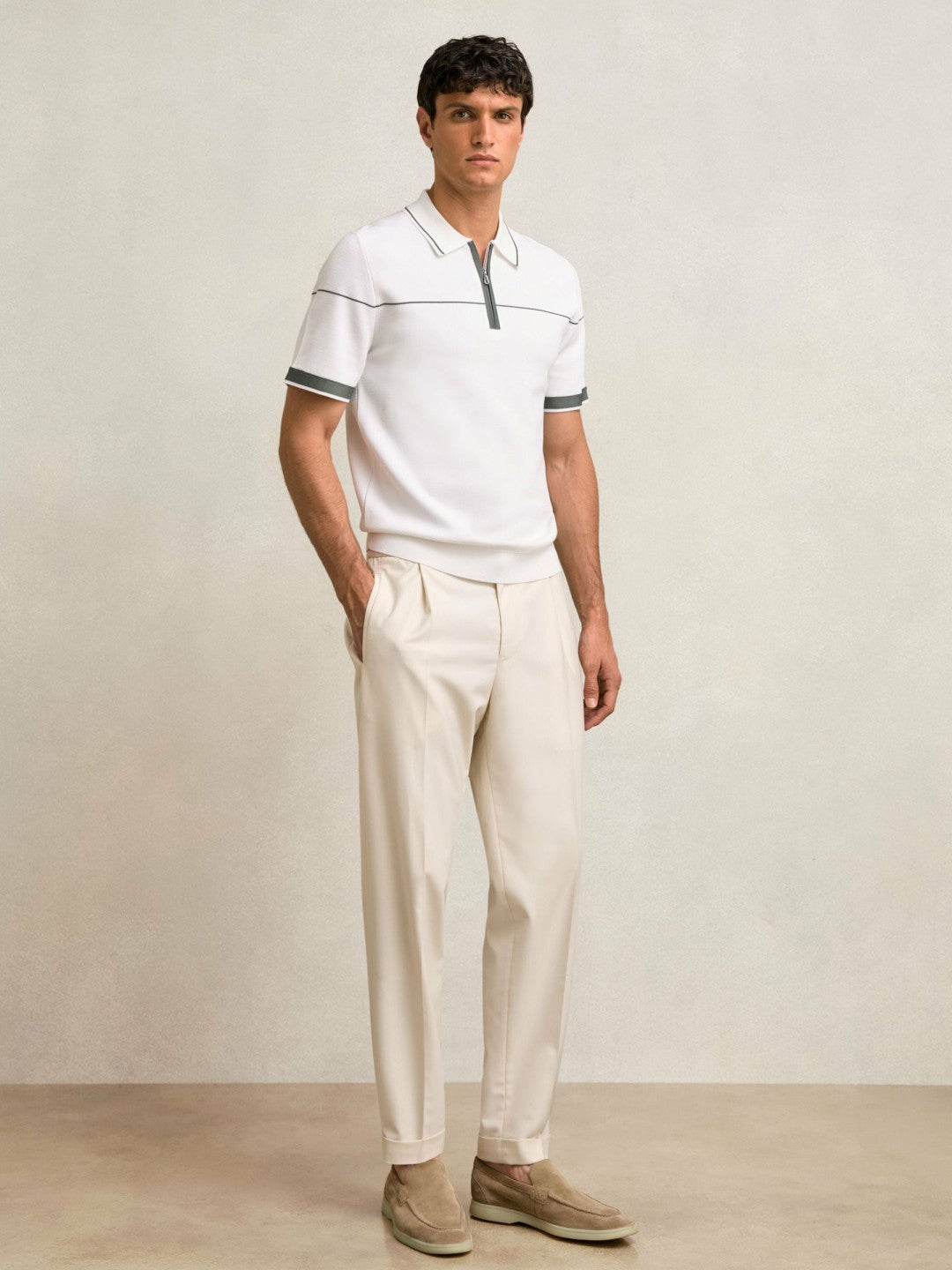 Half Zip Tipped Polo Shirt in White/Green Men | Reiss