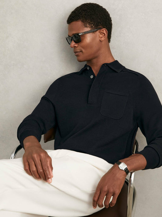 Cotton Concealed Placket Polo Shirt in Navy Men | Reiss