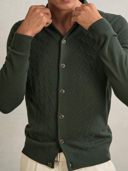 Wool V-Stitch Button-Through Cardigan in Forest Green Men | Reiss