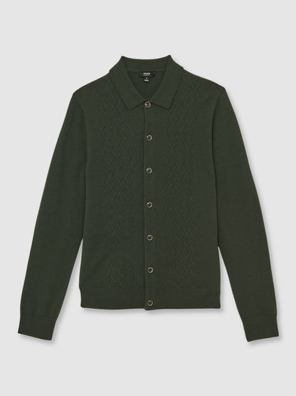 Wool V-Stitch Button-Through Cardigan in Forest Green Men | Reiss