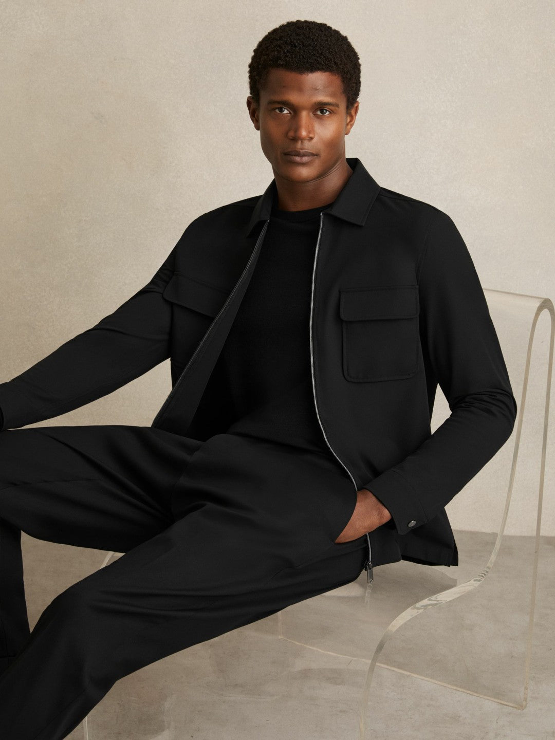 Technical Zip-Through Overshirt in Black Men | Reiss