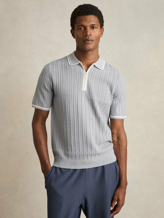 Micro-Cable Half-Zip Polo Shirt in Soft Blue Men | Reiss