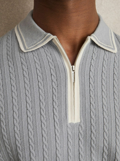 Micro-Cable Half-Zip Polo Shirt in Soft Blue Men | Reiss