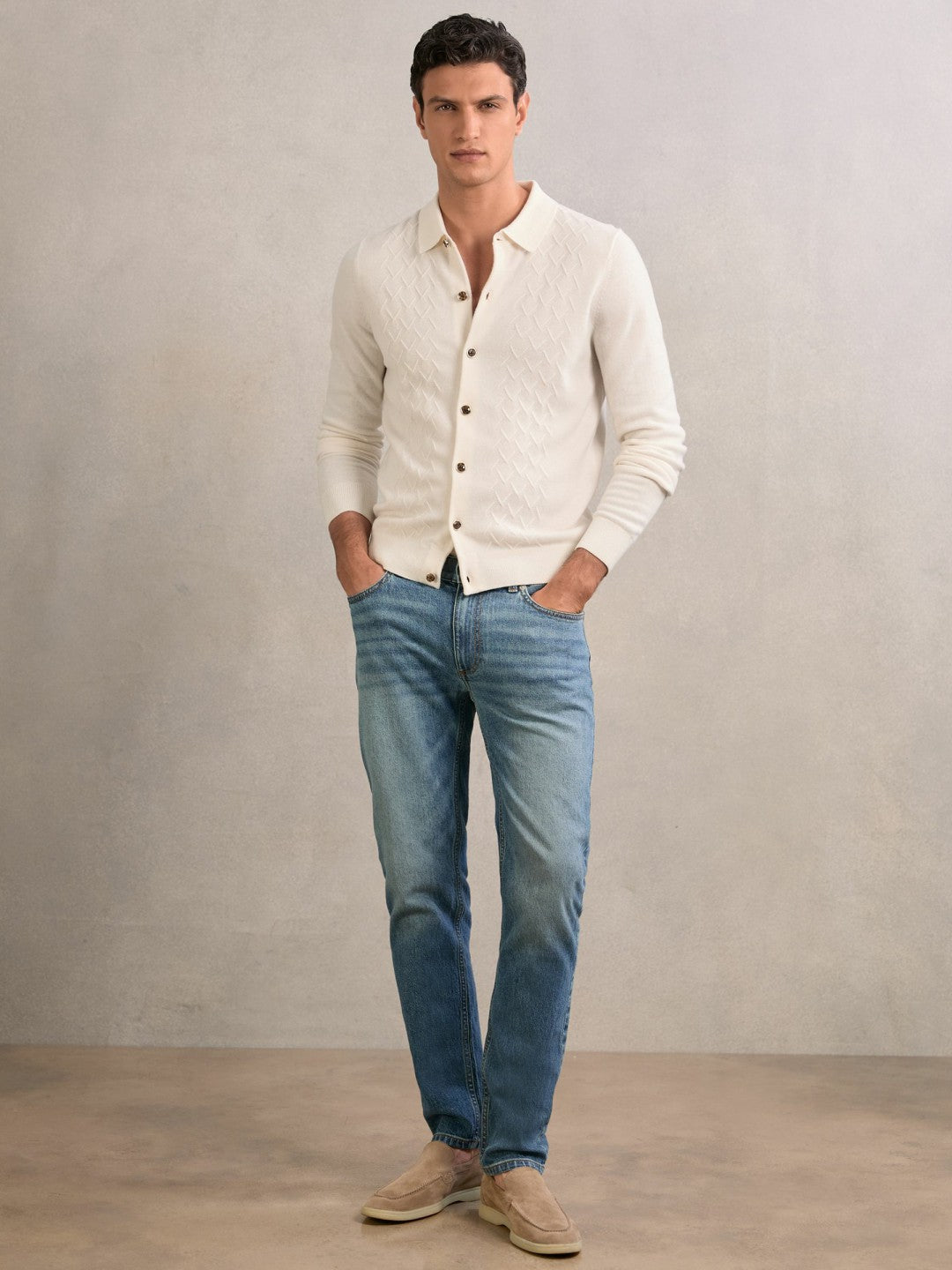 Wool V-Stitch Button-Through Cardigan in Off White Men | Reiss