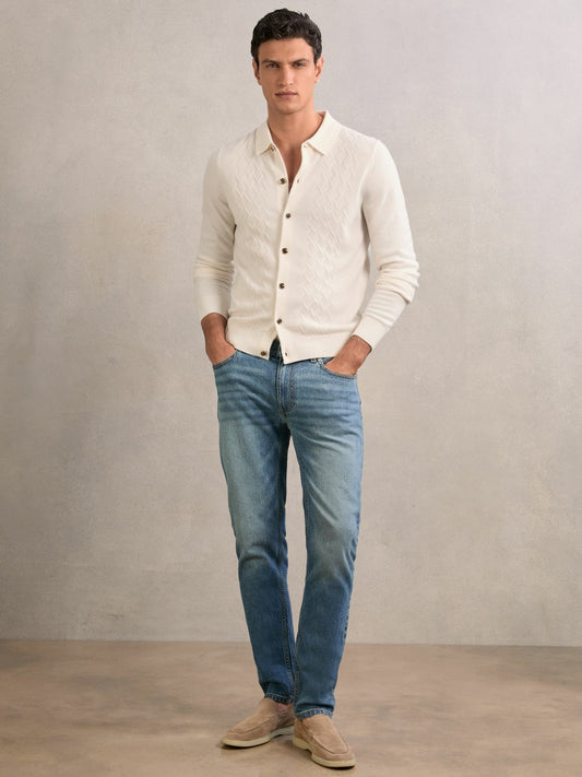 Wool V-Stitch Button-Through Cardigan in Off White Men | Reiss