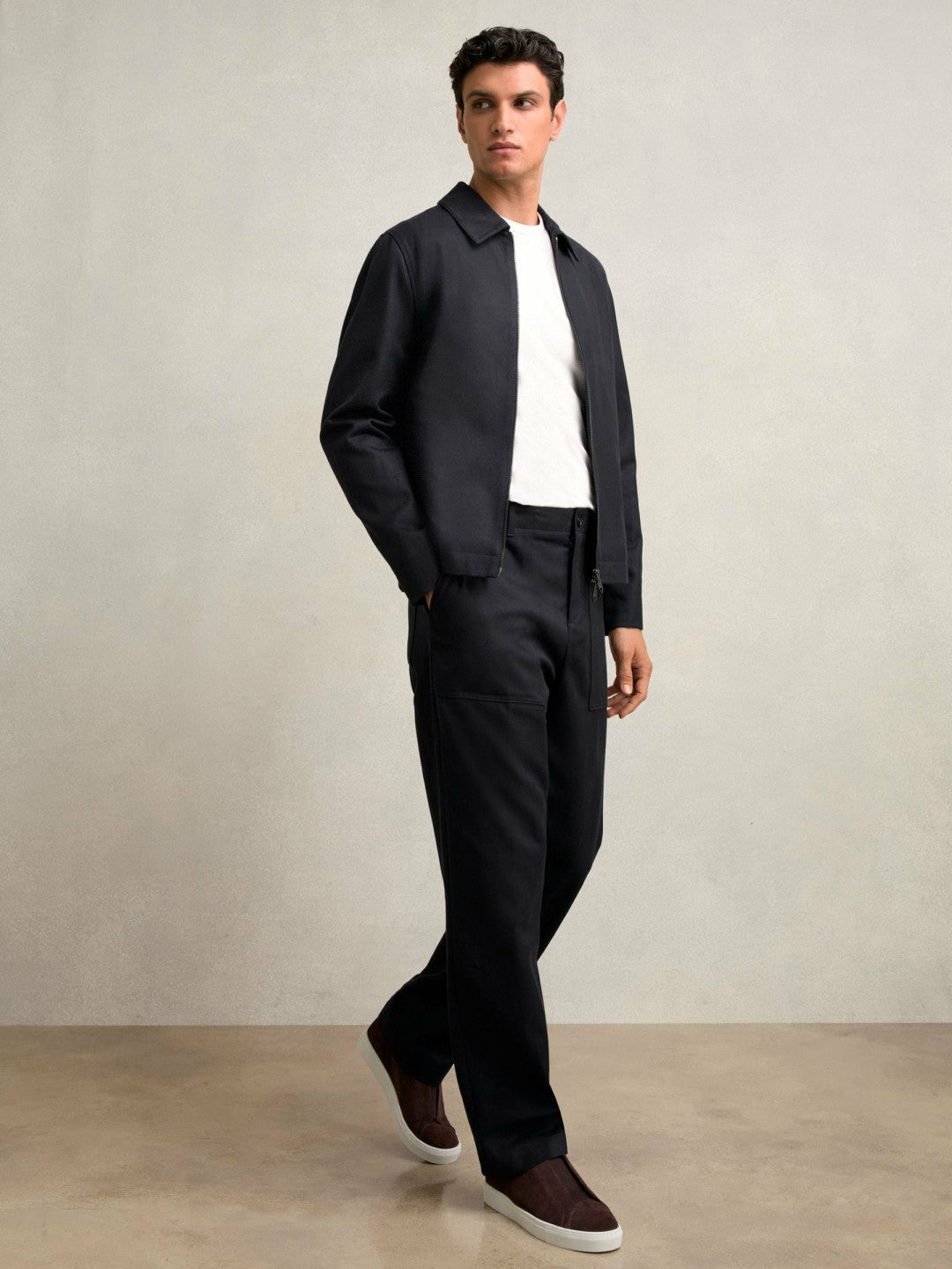 Lyocell-Cotton Zip-Through Twill Jacket in Navy Men | Reiss