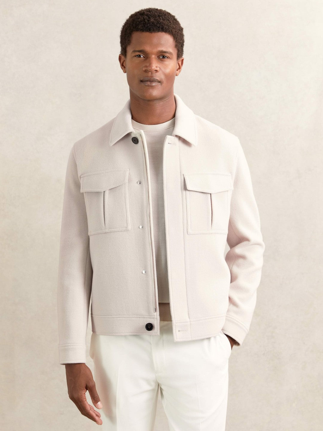 Wool Blend Twin Pocket Zipped Jacket in Ivory Men | Reiss