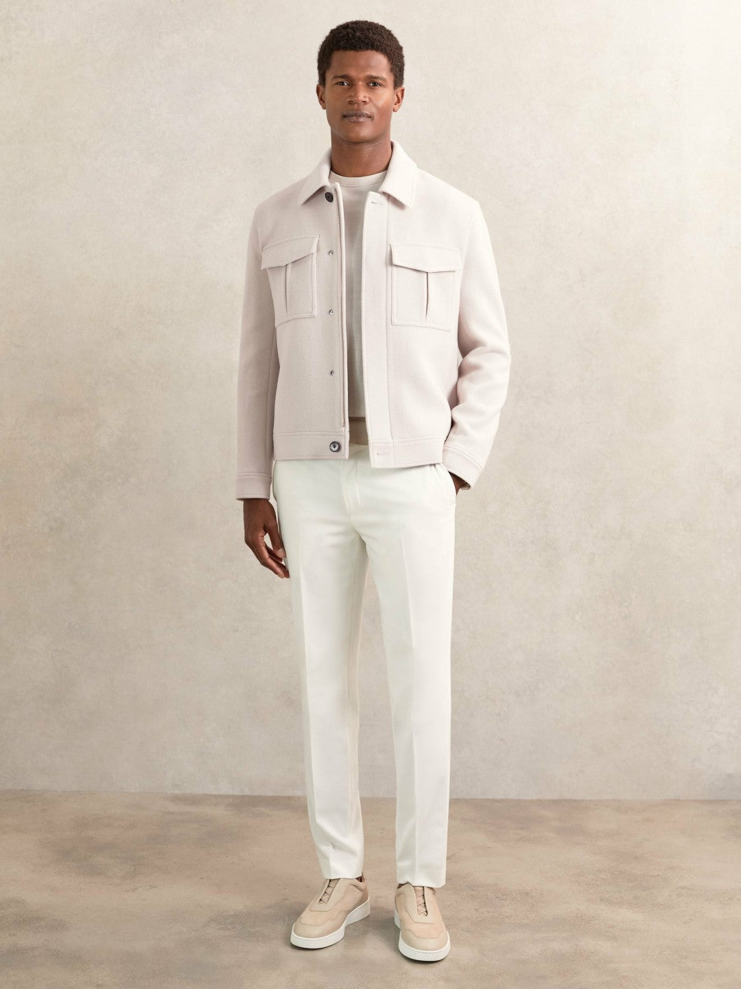 Wool Blend Twin Pocket Zipped Jacket in Ivory Men | Reiss