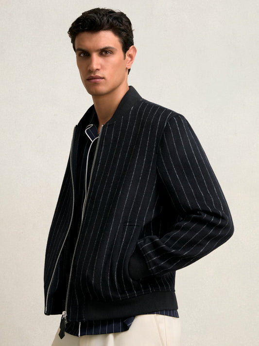 Wool-Blend Chalk-Stripe Bomber Jacket in Navy Men | Reiss