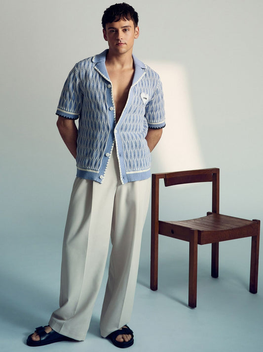 Tom Daley Wave-Knit Shirt in Soft Blue/White Men | Reiss