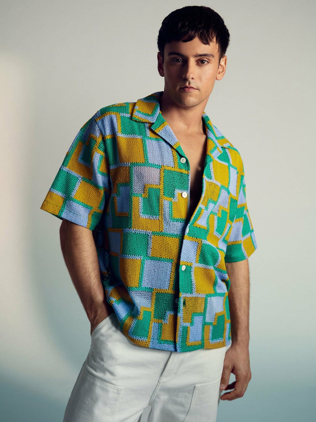 | Tom Daley Tile Crochet Shirt in Yellow/Green/Blue Multi Men | Reiss