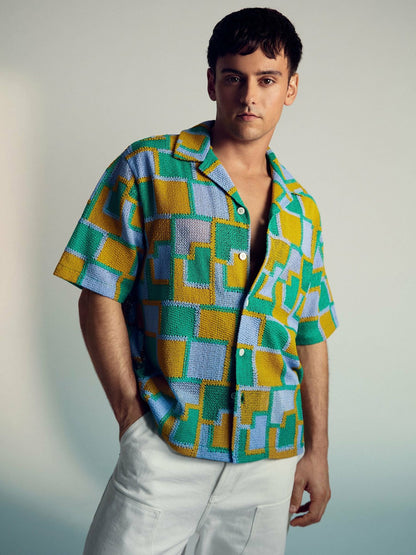 | Tom Daley Tile Crochet Shirt in Yellow/Green/Blue Multi Men | Reiss