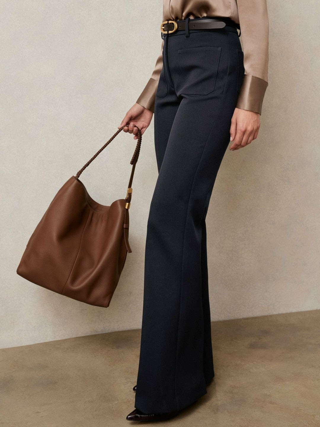Twill Patch-Pocket Flared Trousers in Navy Women | Reiss