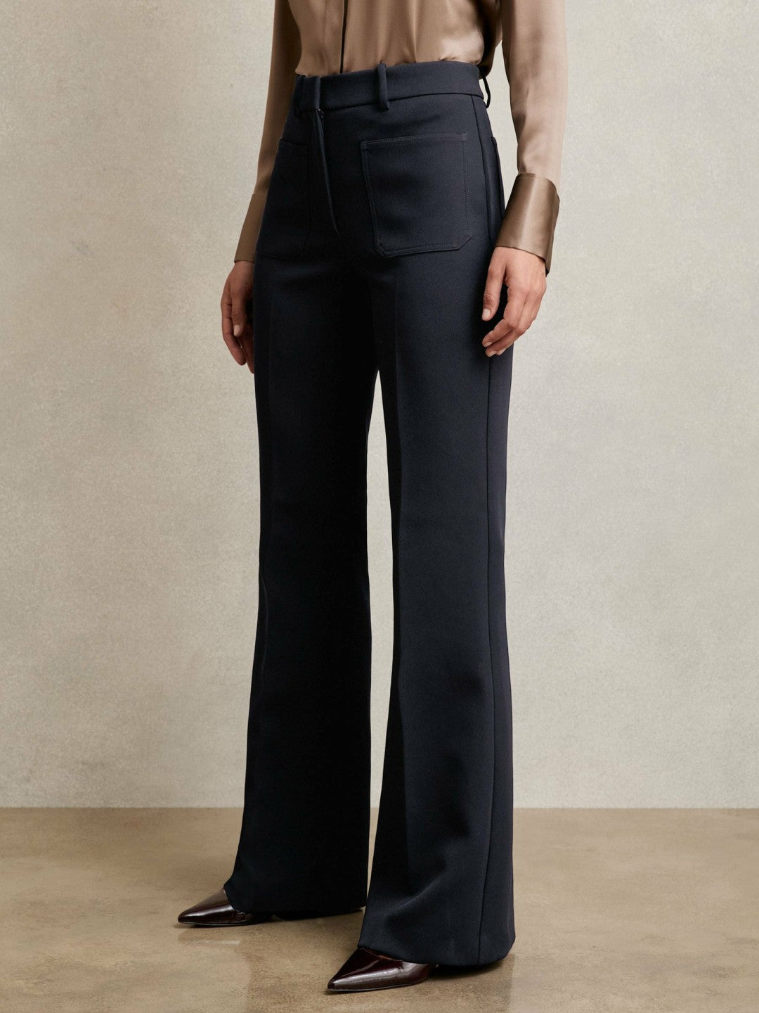 Twill Patch-Pocket Flared Trousers in Navy Women | Reiss