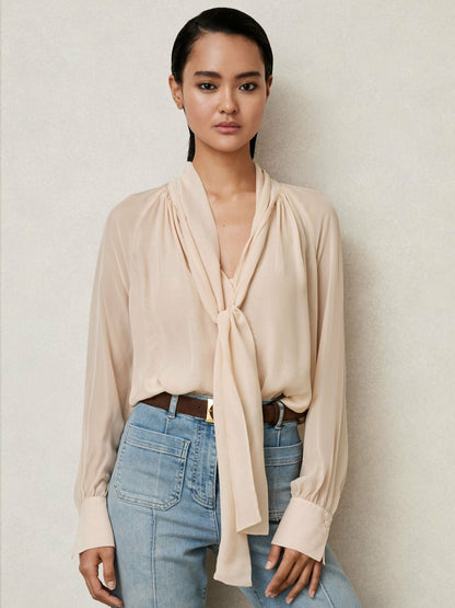 Silk Blend Chiffon Tie-Neck Blouse in Pale Pink Women | Reiss