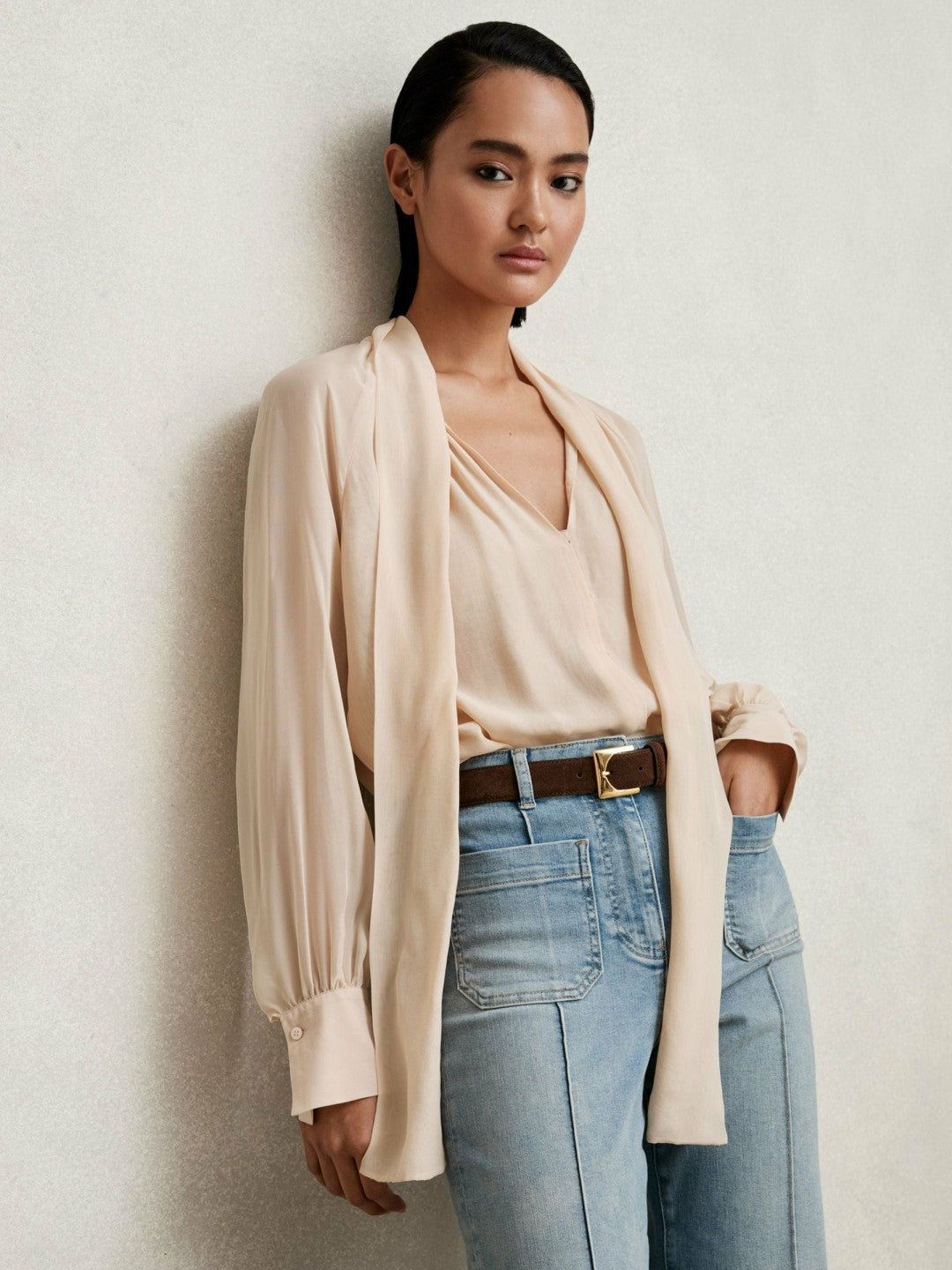 Silk Blend Chiffon Tie-Neck Blouse in Pale Pink Women | Reiss