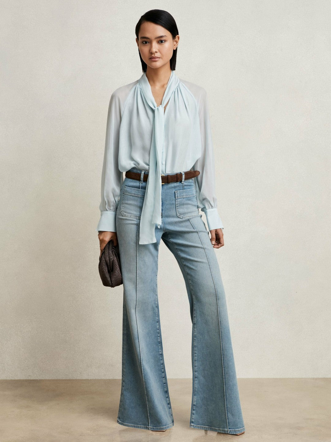 Silk Blend Chiffon Tie-Neck Blouse in Pale Blue Women | Reiss