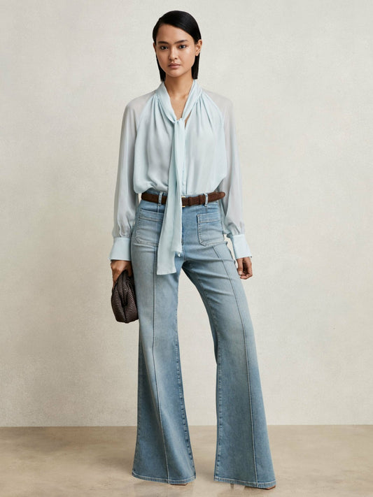Silk Blend Chiffon Tie-Neck Blouse in Pale Blue Women | Reiss