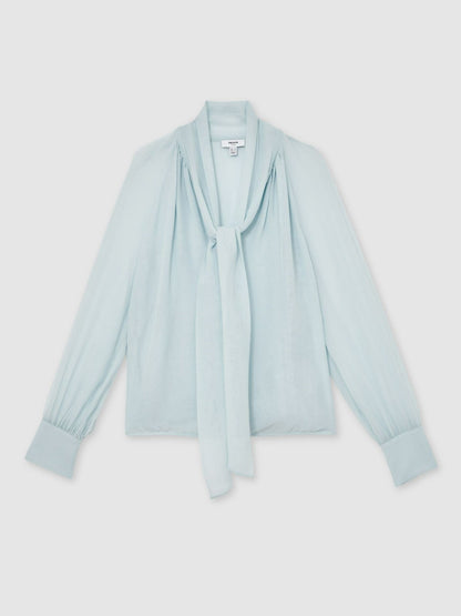 Silk Blend Chiffon Tie-Neck Blouse in Pale Blue Women | Reiss