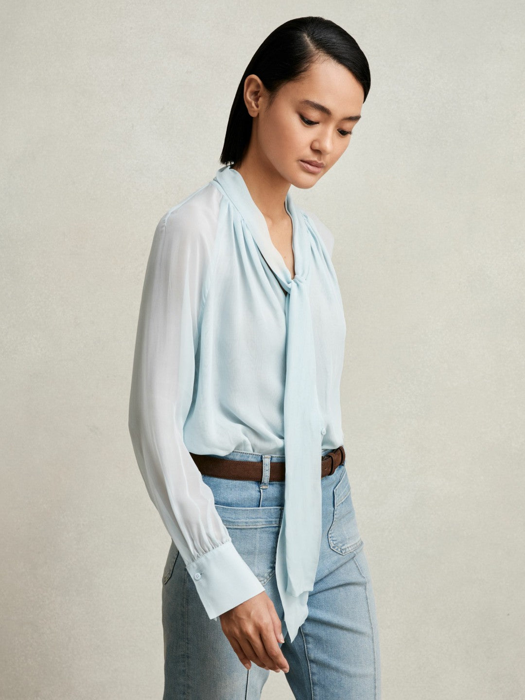 Silk Blend Chiffon Tie-Neck Blouse in Pale Blue Women | Reiss