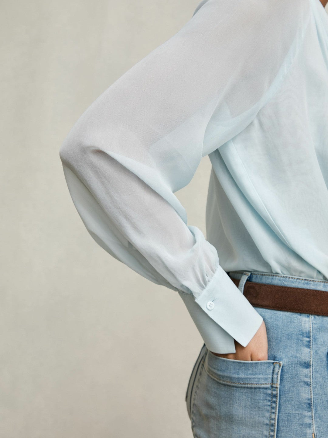 Silk Blend Chiffon Tie-Neck Blouse in Pale Blue Women | Reiss