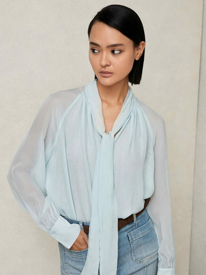 Silk Blend Chiffon Tie-Neck Blouse in Pale Blue Women | Reiss