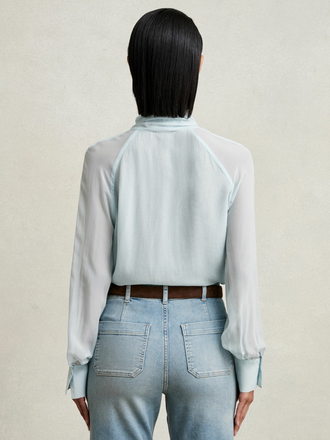 Silk Blend Chiffon Tie-Neck Blouse in Pale Blue Women | Reiss