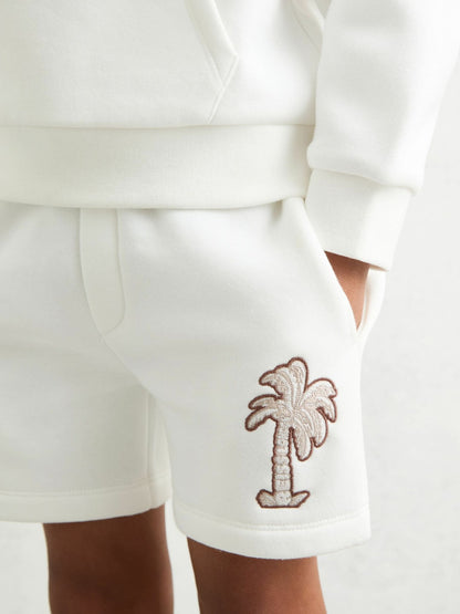 13-14 yrs Cotton Blend Palm Embroidered Shorts in Off White Children & Baby | Reiss