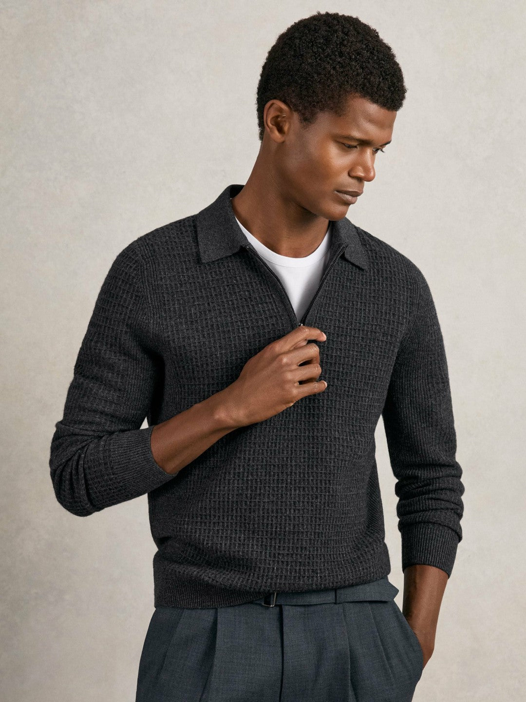 Wool Waffle-Knit Half-Zip Polo Shirt in Charcoal Grey Men | Reiss