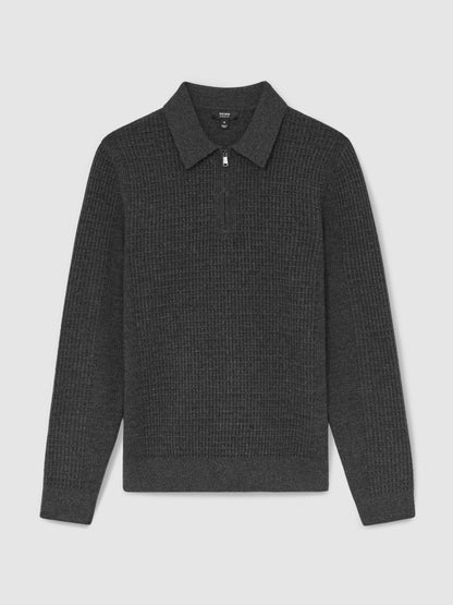 Wool Waffle-Knit Half-Zip Polo Shirt in Charcoal Grey Men | Reiss