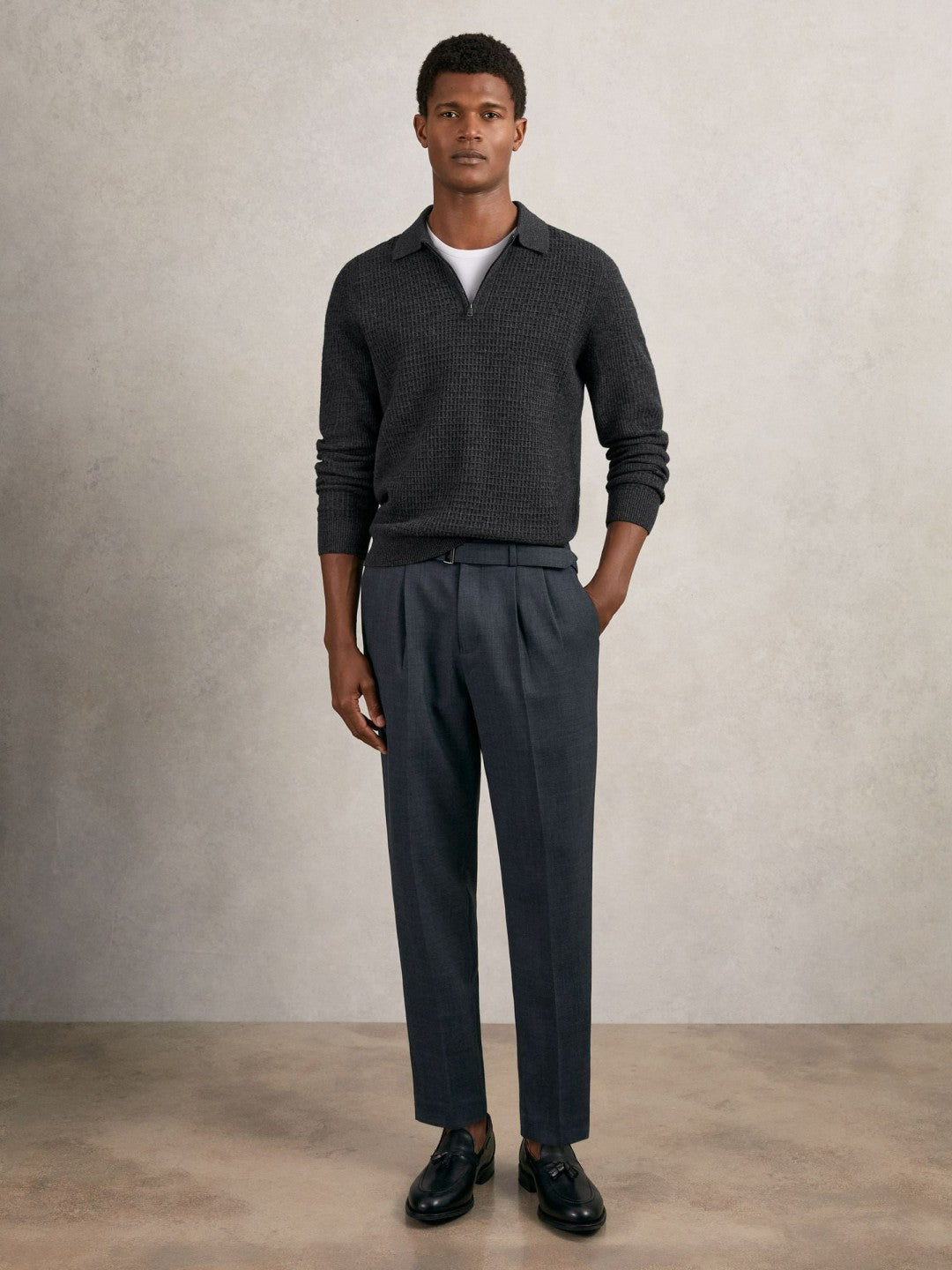 Wool Waffle-Knit Half-Zip Polo Shirt in Charcoal Grey Men | Reiss