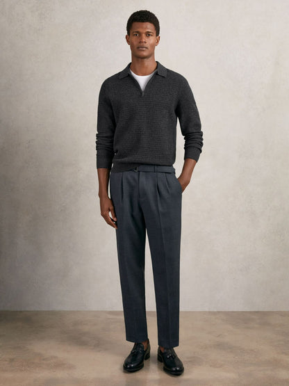 Wool Waffle-Knit Half-Zip Polo Shirt in Charcoal Grey Men | Reiss