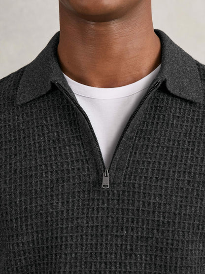 Wool Waffle-Knit Half-Zip Polo Shirt in Charcoal Grey Men | Reiss