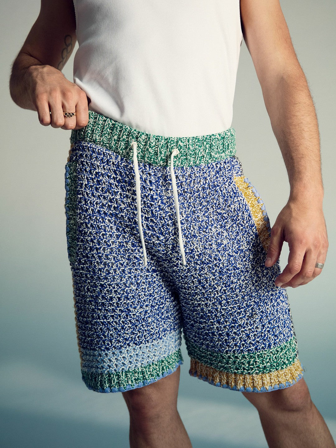 | Tom Daley Crochet Panel Shorts in Yellow/Green/Blue Multi Men | Reiss