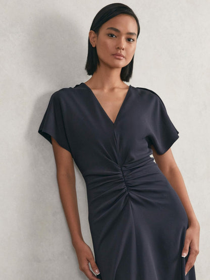 Petite Ruched-Front Midi Dress in Navy Women | Reiss