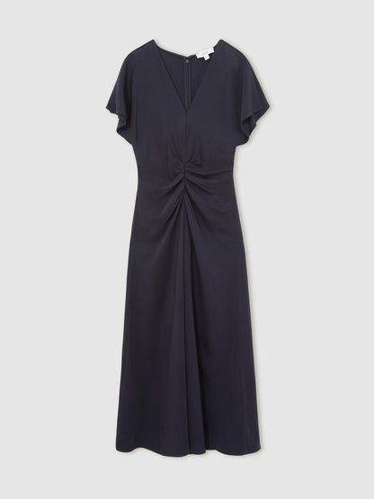Petite Ruched-Front Midi Dress in Navy Women | Reiss