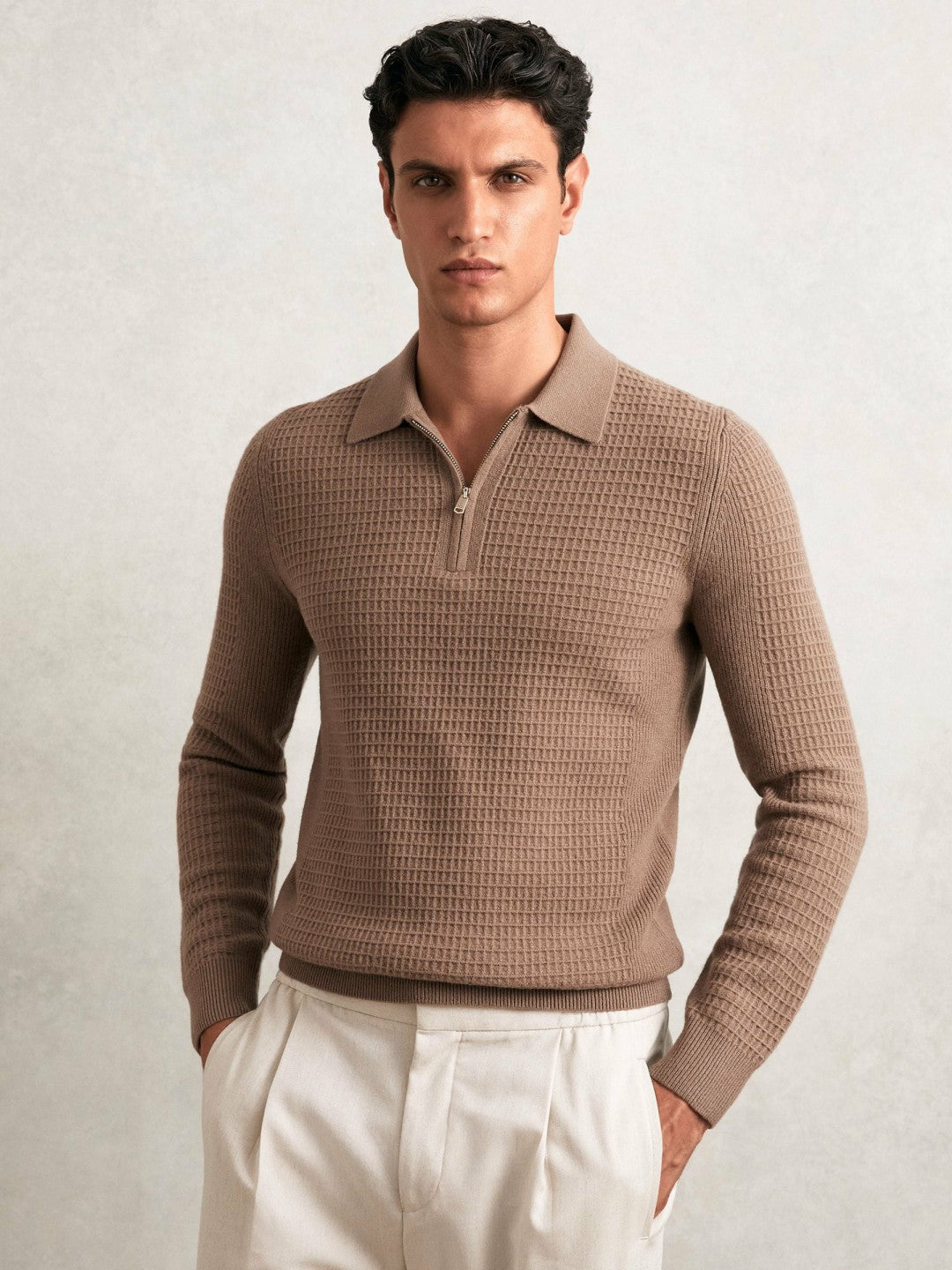 Wool Waffle-Knit Half-Zip Polo Shirt in Camel Brown Men | Reiss