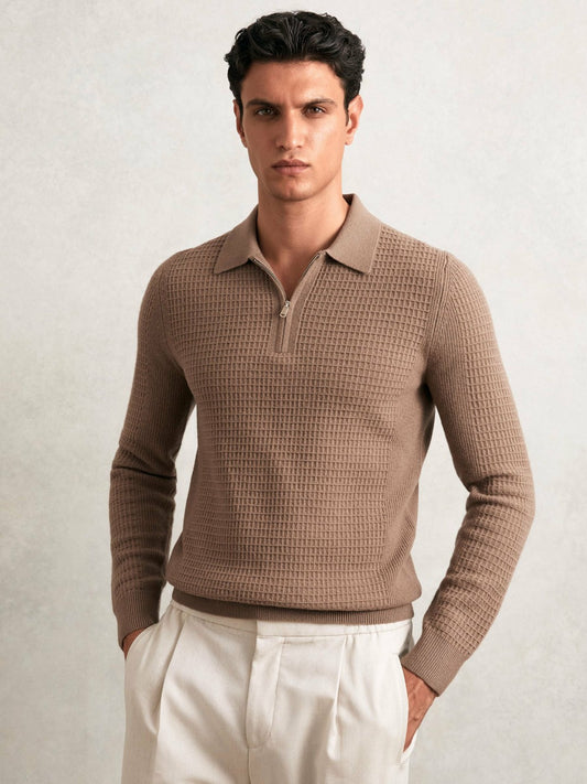 Wool Waffle-Knit Half-Zip Polo Shirt in Camel Brown Men | Reiss